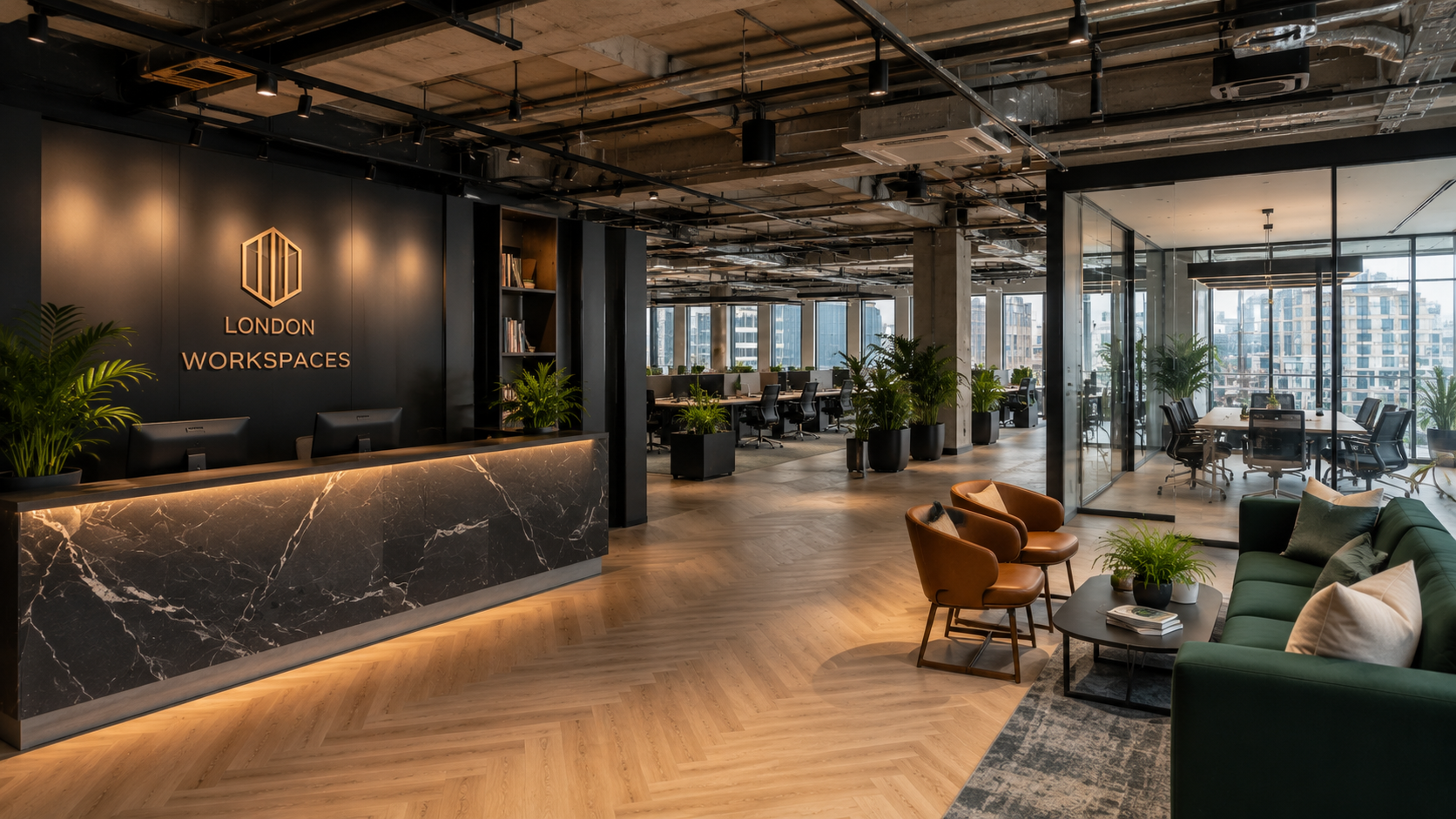 Luxury commercial office fit out in London with a branded reception, ergonomic workstations, glass meeting rooms, sustainable materials, indoor plants, and premium architectural finishes.